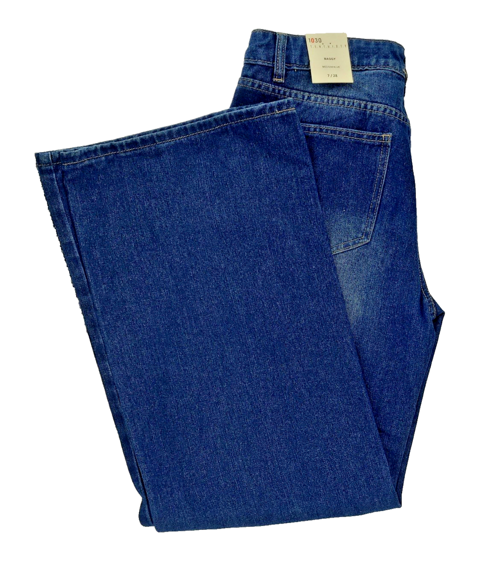 1030 TEN THIRTY Baggy Wide Leg Skate Jeans Womens Sz 7/28 Blue Graphic 06 NWT